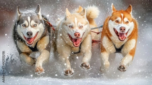 Obraz Siberian Huskies racing through the frozen tundra, pulling a sled with powerful energy