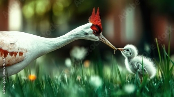 Obraz Crane delicately feeding its chick a small worm in a serene grassland setting