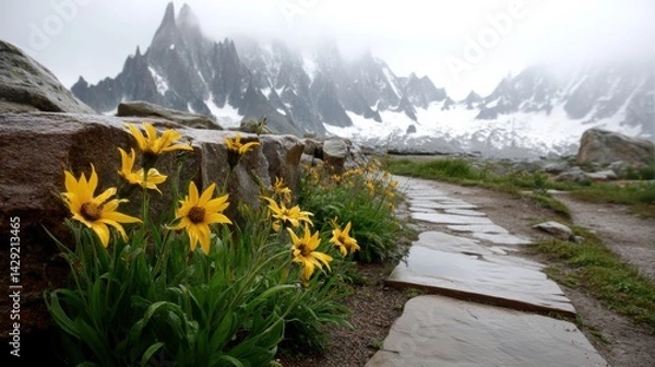 Obraz Alpine flowers bloom along a stone path with misty mountain peaks in the background