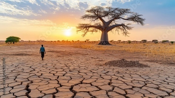 Obraz Lone figure walks across cracked earth beneath baobab tree silhouette at dusk