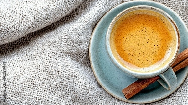 Obraz Close-up of chai masala glass with cinnamon stick beside small saucer on neutral fabric backdrop