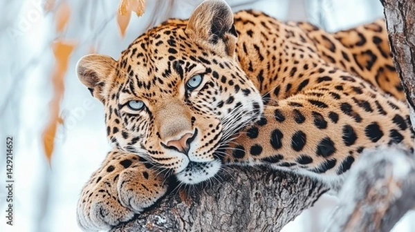 Obraz Close-up of leopard resting on tree branch showcasing golden fur patterns and natures textures