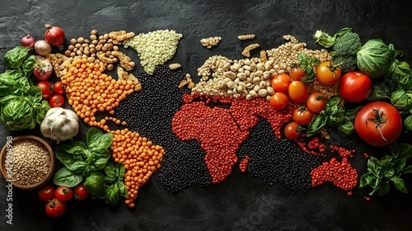 Obraz world map created from vegetables and grains highlighting global food sustainability and healthy diets world vegetarian day