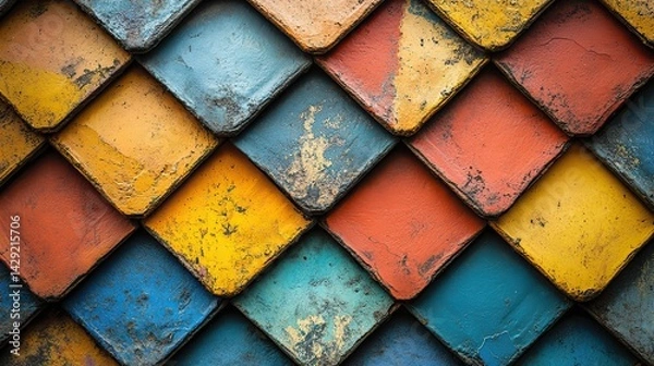 Obraz Zenith view of a complex geometric pattern formed by colorful tiles on a rooftop