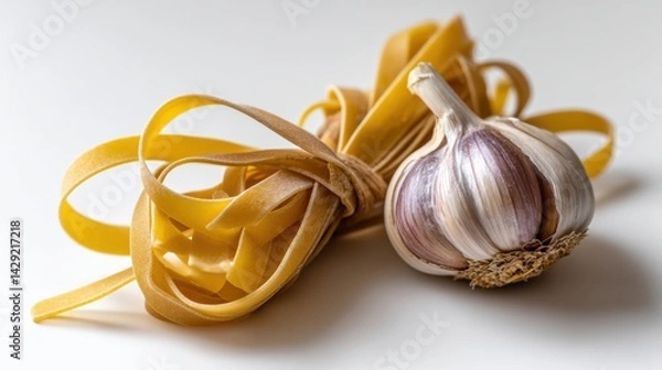 Obraz Isolated bundle of tagliatelle pasta alongside a garlic bulb on a clean white background