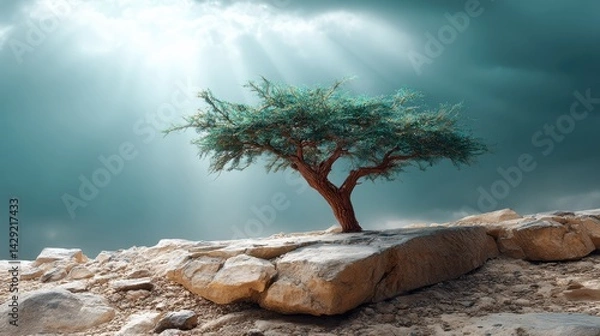 Obraz Lone tree stands resilient on cliff edge beneath dramatic clouds and breaking light rays