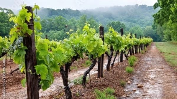 Obraz Morning mist over vineyard rows surrounded by green hills in peaceful isolation