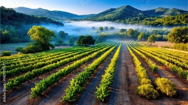 Obraz Morning mist envelops vineyard rows against green hills in serene landscape