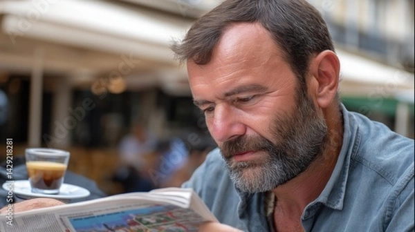 Obraz Middle-aged man enjoying espresso while reading newspaper at outdoor cafe