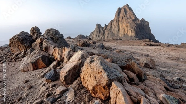Obraz Stunning view of Mount Kenya peak at dawn with mist and golden light illuminating the summit
