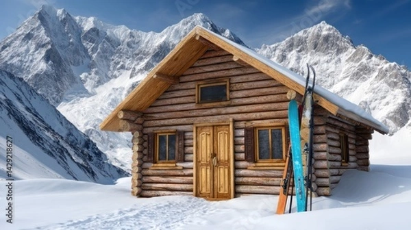 Obraz Mountain cabin with skis leaning against wall isolated on white background