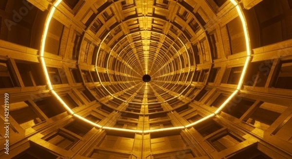 Fototapeta Golden Spiral Corridor: A Futuristic Architectural Design - Futuristic architecture, glowing gold, spiral design, endless tunnel, technological advancement. Symbolizing progress, innovation, infinity