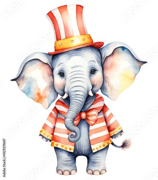 Fototapeta Watercolor, Circus elephant in colorful costume, isolated on background, transparent png