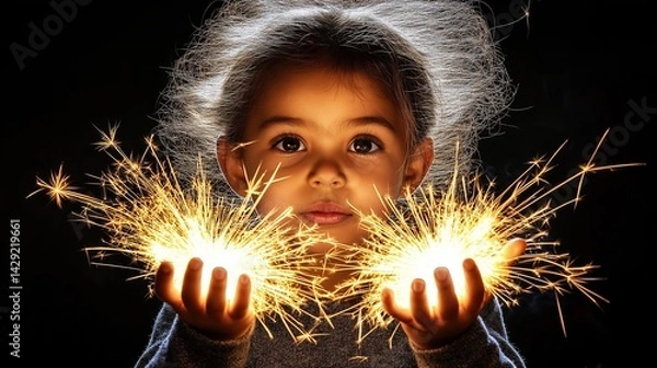 Obraz Sparks illuminate night as child watches firecracker from behind safety barrier
