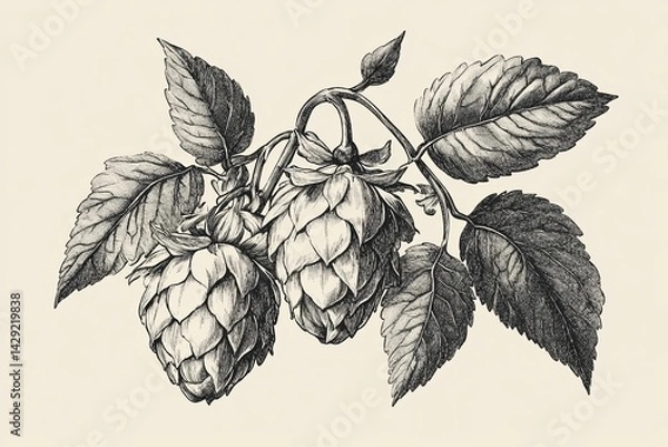 Obraz Detailed Botanical Engraving of Hop Cones and Leaves on Neutral Background