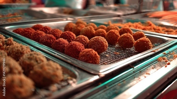Obraz Minimalist view of street food stall featuring arancini and panelle under warm light