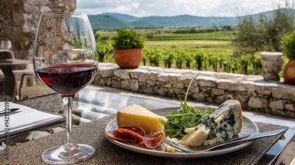 Obraz Enjoying Chianti and cheese on a terrace overlooking the serene vineyard landscape