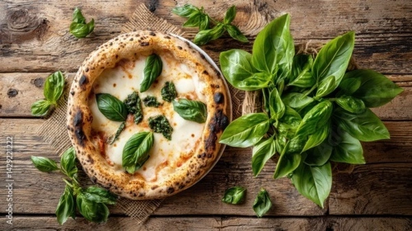 Obraz Margherita pizza served on rustic wooden table with fresh basil and melted mozzarella