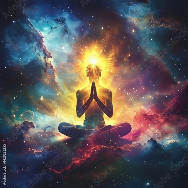 Fototapeta Meditative figure in prayer pose with golden halo against vibrant nebula and starry sky, spiritual and cosmic scene
