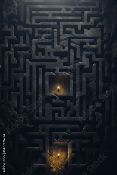 Fototapeta Dark labyrinth maze with glowing lights