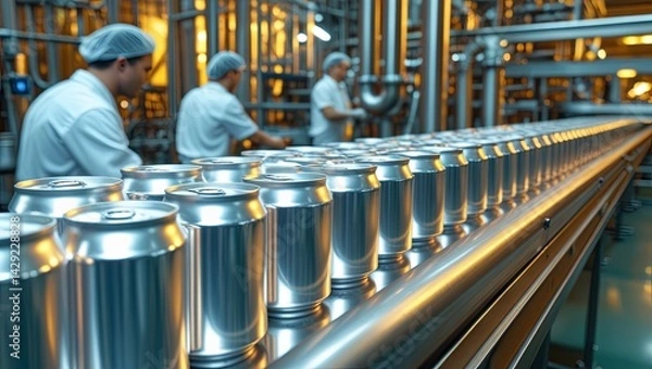 Obraz Freshly produced aluminum cans travel on a conveyor belt inside a beverage production facility, symbolizing the dynamic food and drink manufacturing industry.