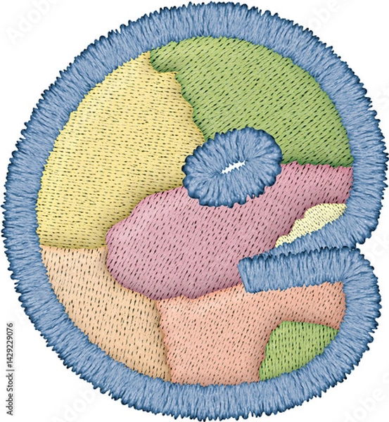 Fototapeta Colorful alphabet patchwork letter lowercase e with embroidery details in textile design