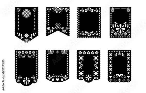Fototapeta Papel Picado collection with silhouette of floral template and blank space design for cinco de mayo event
