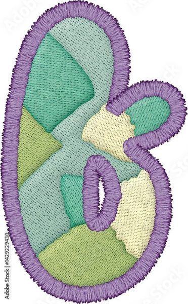 Fototapeta Beautiful alphabet patchwork letter lowercase f with embroidery in soft colors and textile texture