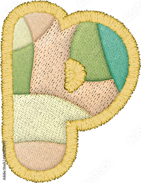 Fototapeta Colorful alphabet patchwork letter lowercase p with embroidery texture and textile design