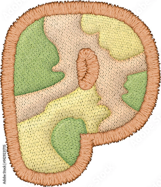 Fototapeta Beautiful patchwork letter P features intricate embroidery with textile design
