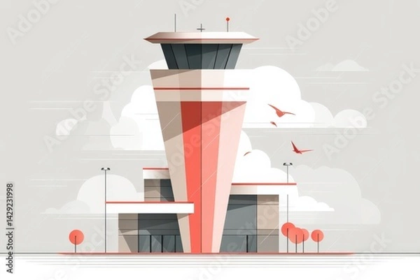 Fototapeta Modern Minimalist Airport Control Tower in Digital Art Style