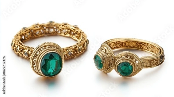 Obraz Elegant vintage gold jewelry set with deep green emeralds and intricate patterns on earrings, necklace, and matching ring, isolate on white background