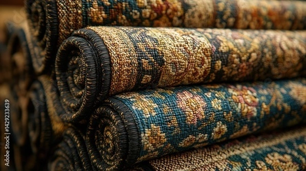 Fototapeta Stacked rolled-up carpets, various colors and patterns