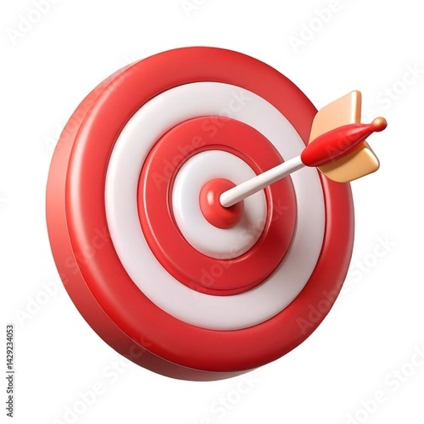 Fototapeta Red and White Target with Arrow in Bulls Eye, 3D Render, Success, Accuracy, Isolated