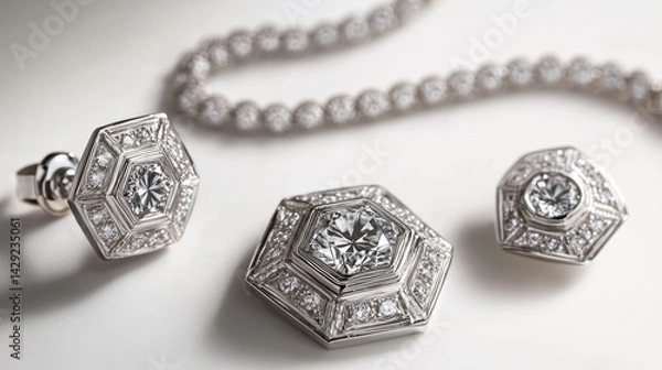 Obraz Classic Art Deco-style vintage jewelry set with geometric diamonds and platinum design on earrings, necklace, and ring, isolate on white background