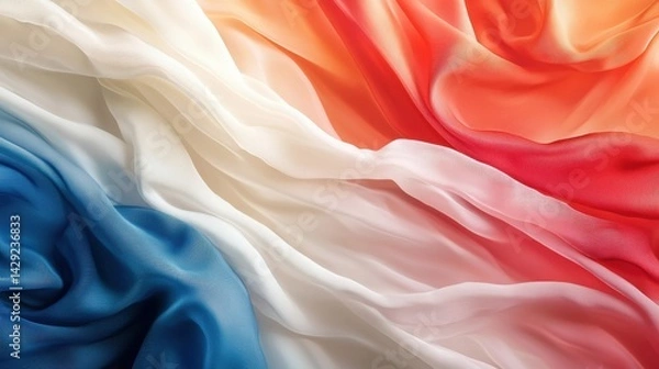 Fototapeta Soft, flowing fabric features vibrant shades of red, white, and blue, creating a beautiful blend of colors. The silky texture adds elegance and depth to the colors