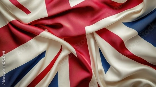 Fototapeta A close-up view of a Union Jack flag, featuring rich red, white, and blue colors. The fabric has soft folds, adding depth and texture, highlighting the iconic design