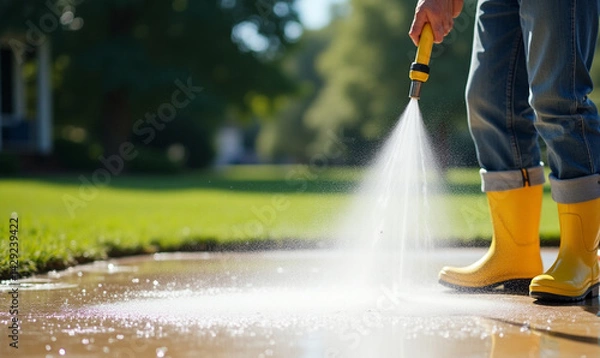 Obraz Pressure washing driveway. Close up on water splash and worker in worker boots cleaning driveway with pressure washer.