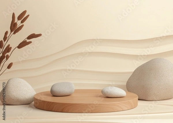 Obraz Beige aesthetic display podium with stones and dried reeds