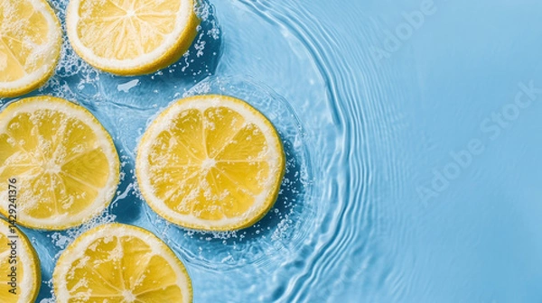 Fototapeta Fresh lemon slices floating on blue water creating ripples in a refreshing summertime setting