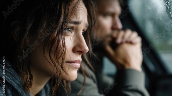 Obraz Emotional woman crying with tear on cheek, worried man sitting beside, sitting in car during rainy weather