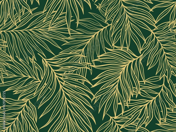 Fototapeta Seamless Vector Illustration Featuring Gold Tropical Palm Leaves on a Deep Green Background, Perfect for Elegant and Modern Nature Inspired Design Projects and Artistic Applications