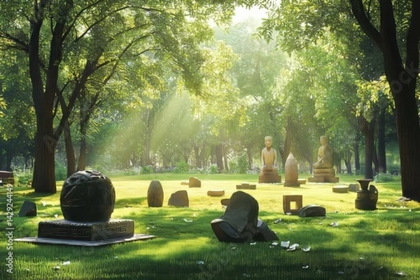 Fototapeta Sunlit park with seated buddha statues, abstract stone sculptures, lush greenery, and a dark orb on a low platform