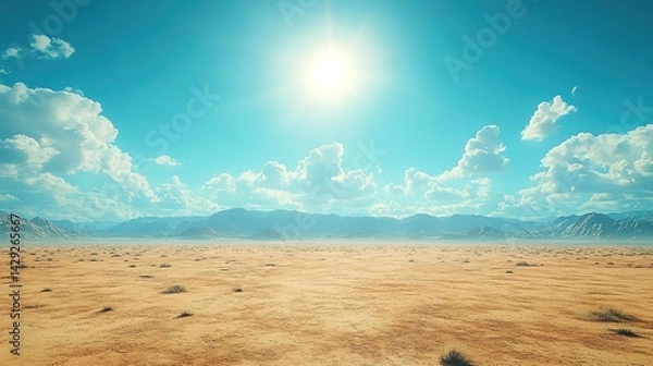 Obraz Sun-Drenched Desert Expanse with Sparse Vegetation and Distant M