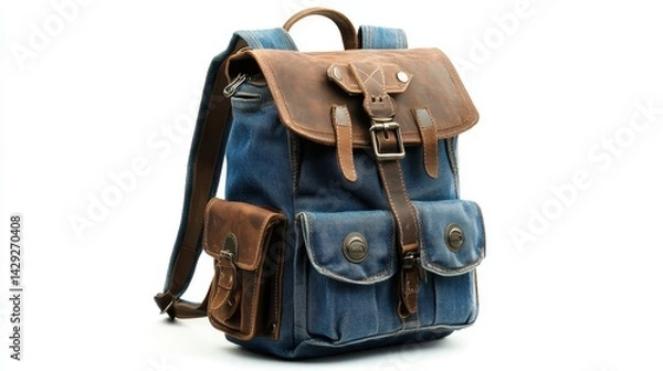Obraz Trendy denim backpack with leather accents, zippered compartments, and adjustable straps, isolate on white background