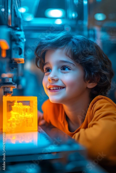 Obraz Curious child boy observing advanced 3d printer in high-tech environment with bright design