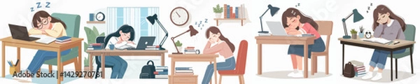 Fototapeta set vector teenagers falling asleep while studying