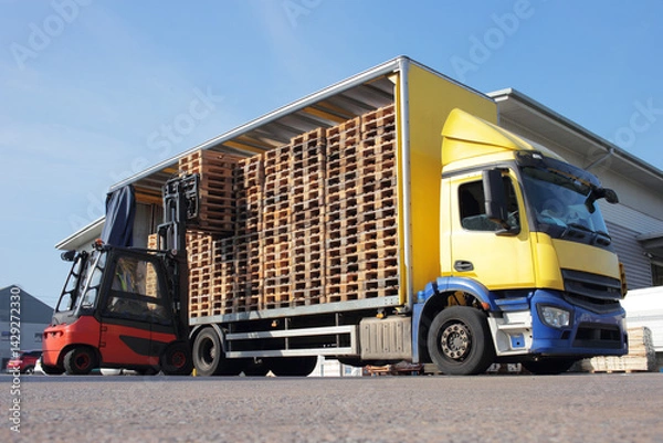 Obraz Counterbalance driver unloading lorry fully loaded with euro pallets.