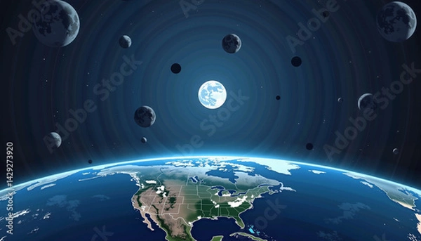 Obraz Earth and Moon Surrounded by Asteroids in Space, Earth Day 