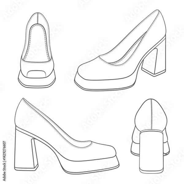 Obraz Set of black and white illustrations with women shoes on thick heels. Isolated vector objects on white background.